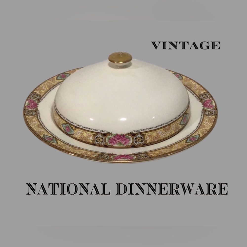 Vintage NATIONAL CHINA Domed Decorated Ivory Butter Dish w/18k gold covered Tip